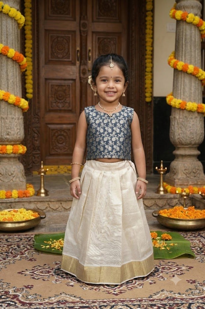 Navy Blue brocade Kasavu Pattu Pavada - Brocade and Tissue silk - GIRLS - KIDS | Trida Fashion