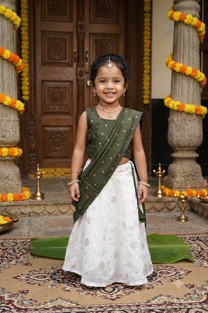 Mehendi Green and White Lehenga (3-4 years) - Tissue Silk - GIRLS - KIDS | Trida Fashion