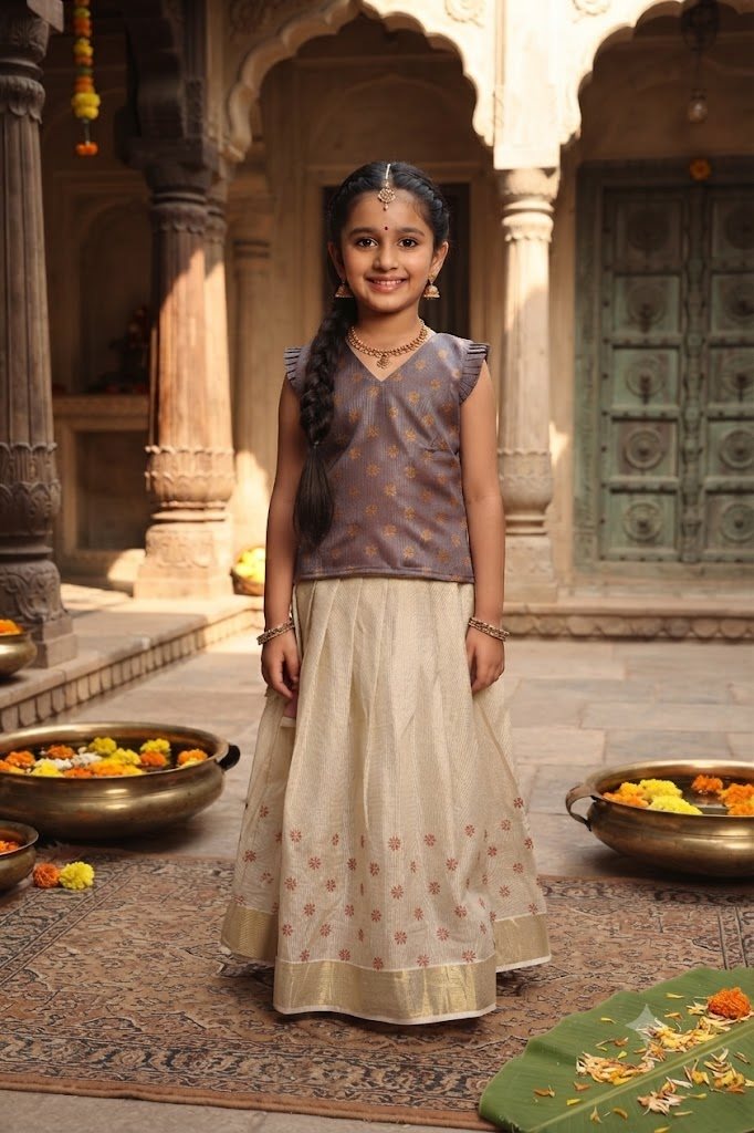 Trendy Dual shade floral Pattupavada - Printed Tissue Silk - GIRLS - KIDS | Trida Fashion