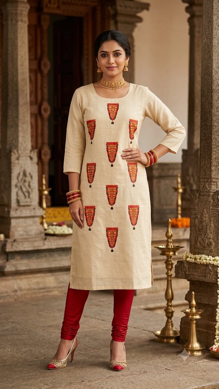 The Nettipattam Motif Kurti - Printed Tissue Silk - KURTIS - WOMAN | Trida Fashion