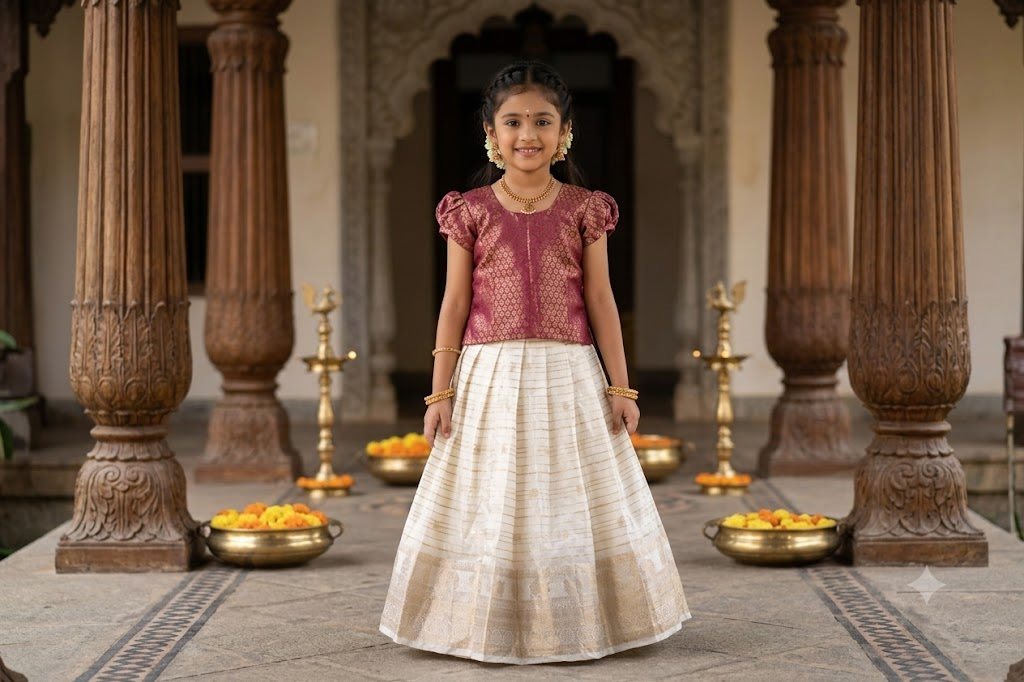Pink Brocade Kasavu Pattupavada - Brocade Kasavu Silk - GIRLS - KIDS | Trida Fashion