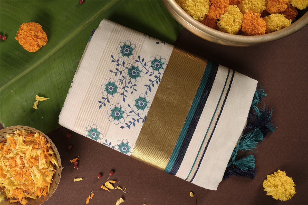 Ocean Petal Breeze Kasavu Saree - Handloom Cotton - SAREES - WOMAN | Trida Fashion