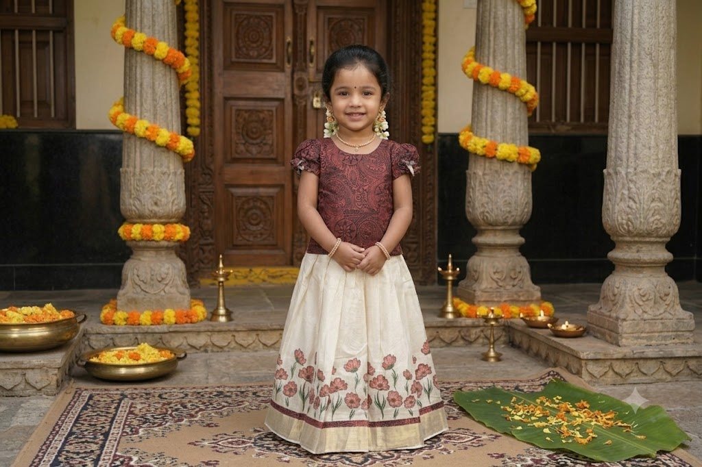 Red Floral Pattu Pavada (3-4 years) - Printed Tissue Cotton Silk - GIRLS - KIDS | Trida Fashion