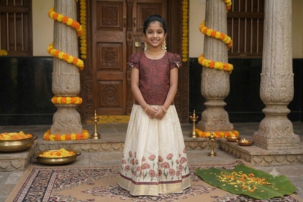 Red Floral Pattu Pavada (9-10 years) - Printed Tissue Cotton Silk - GIRLS - KIDS | Trida Fashion