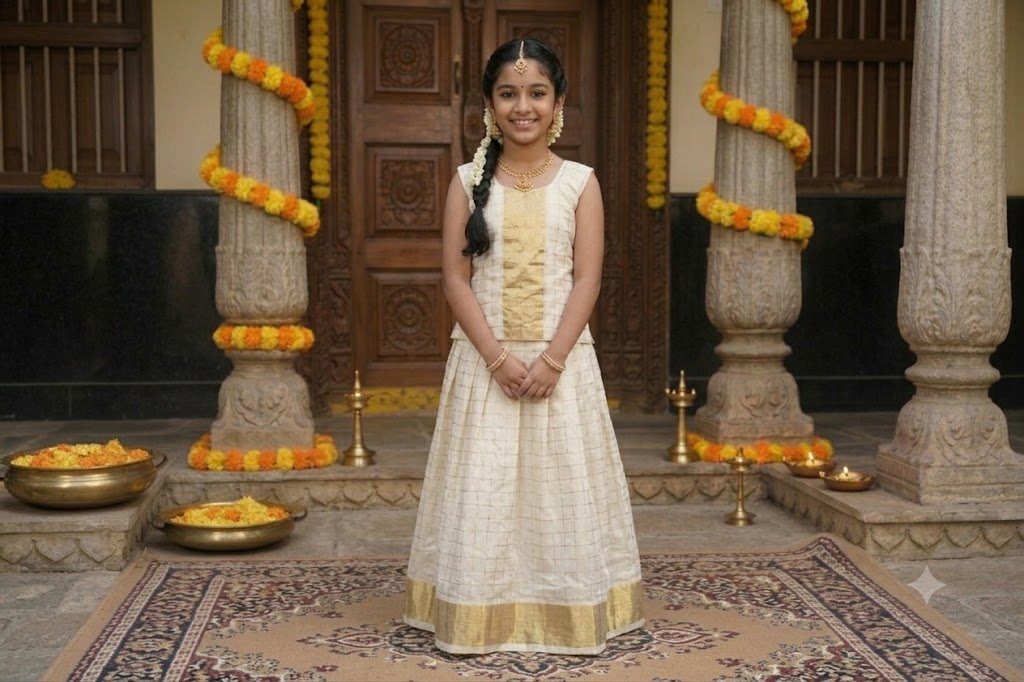 Authentic Kasavu checks Pattu Pavada (9-10 years) - Kasavu Cotton - GIRLS - KIDS | Trida Fashion