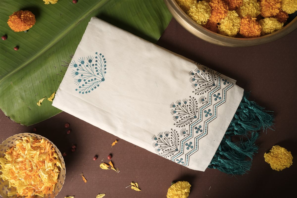 The Teal Spring Cotton Saree - Handloom Cotton - SAREES - WOMAN | Trida Fashion