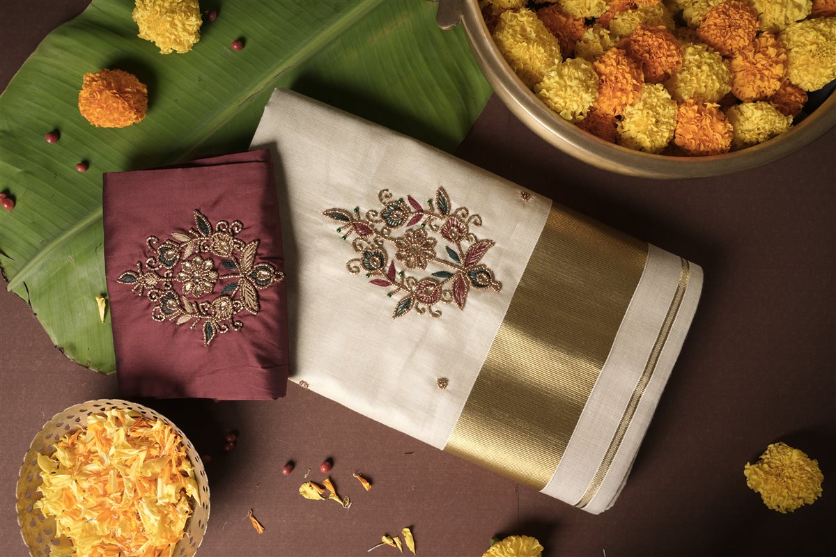 Kasavu Saree with Maroon Aari Work - Tissue Silk - SAREES - WOMAN | Trida Fashion