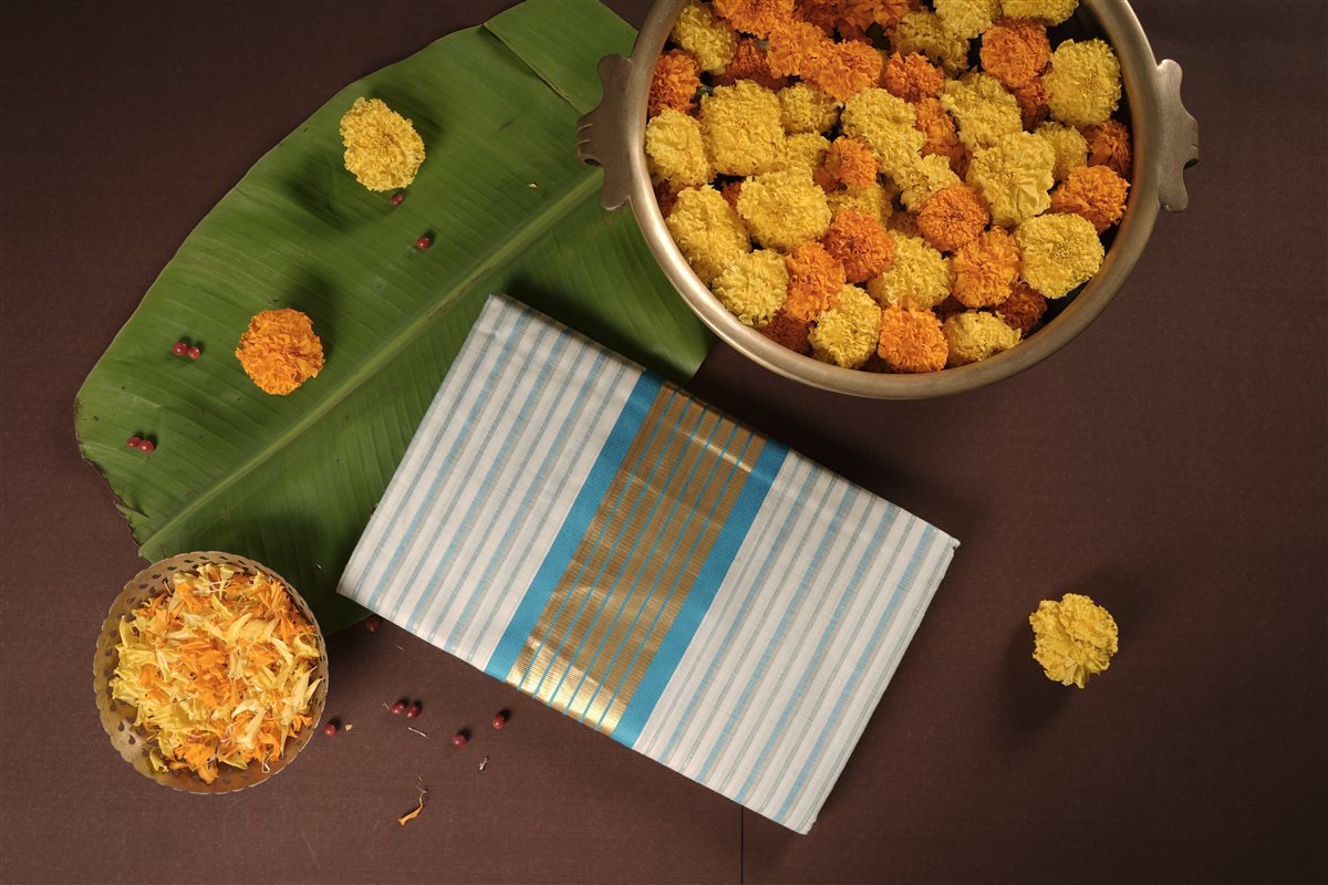 Tarangini blue kasavu saree - Handloom Cotton - SAREES - WOMAN | Trida Fashion