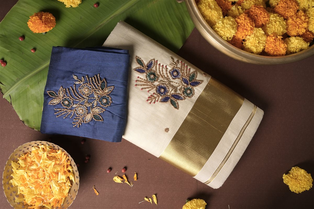 Kasavu Saree with Blue Aari Work - Tissue Silk - SAREES - WOMAN | Trida Fashion